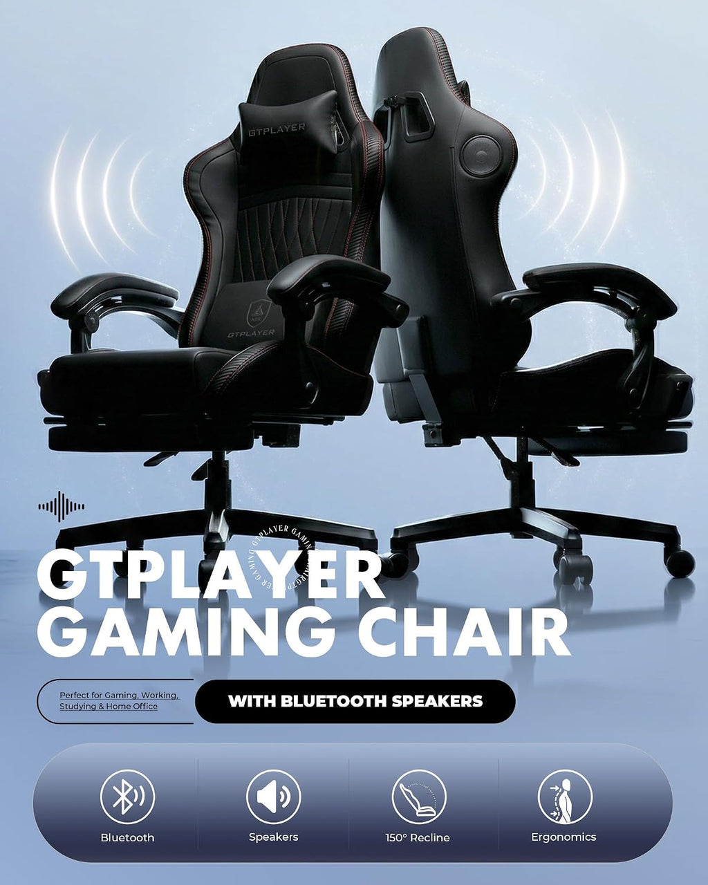 GTPLAYER Gaming Chair for Adults, Ergonomic Video Game Chairs, Footrest & Linkage Armrest, Reclining High Back Silla Gamer with Speakers for Home Office, Ace Pro, Black & Red