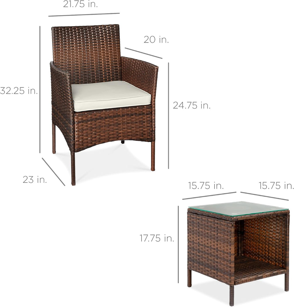 Best Choice Products 3-Piece Outdoor Wicker Conversation Bistro Set, Space Saving Patio Furniture for Garden w/Side Table - Brown/White Sand