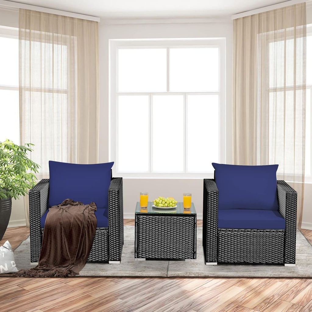 COSTWAY 3-Piece Outdoor Patio Furniture Set, Cushioned Armchairs and Tempered Glass Coffee Table, Wicker Rattan Sofa Set for Garden, Balcony, Backyard (Navy)