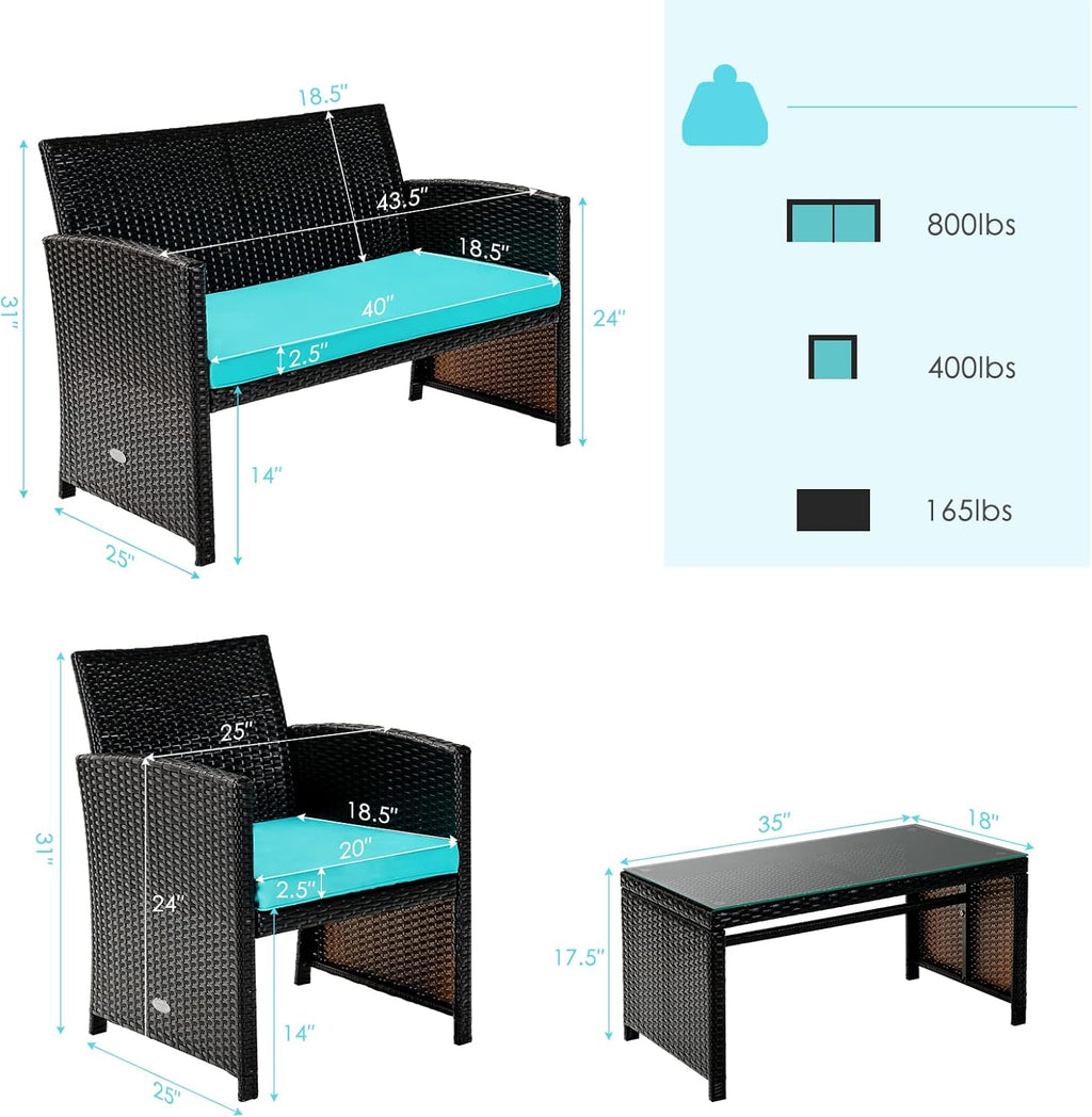 COSTWAY 4 Piece Patio Furniture Set, Outdoor PE Rattan Wicker Sectional Sofa with Cushion and Coffee Table, Patio Conversation Sets for Balcony Lawn Porch Patio Backyard Garden Poolside, Turquoise