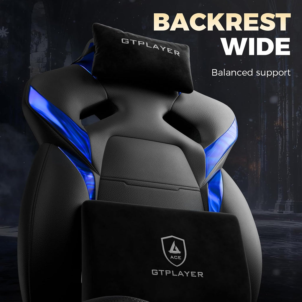 GTPLAYER Big and Tall Gaming Chair for Adults, Ergonomic Office Chair with Footrest, Heavy Duty 350 lbs Capacity, High Back, Premium Leather & Iridescent Trim, ACE-Armor, Black & Blue