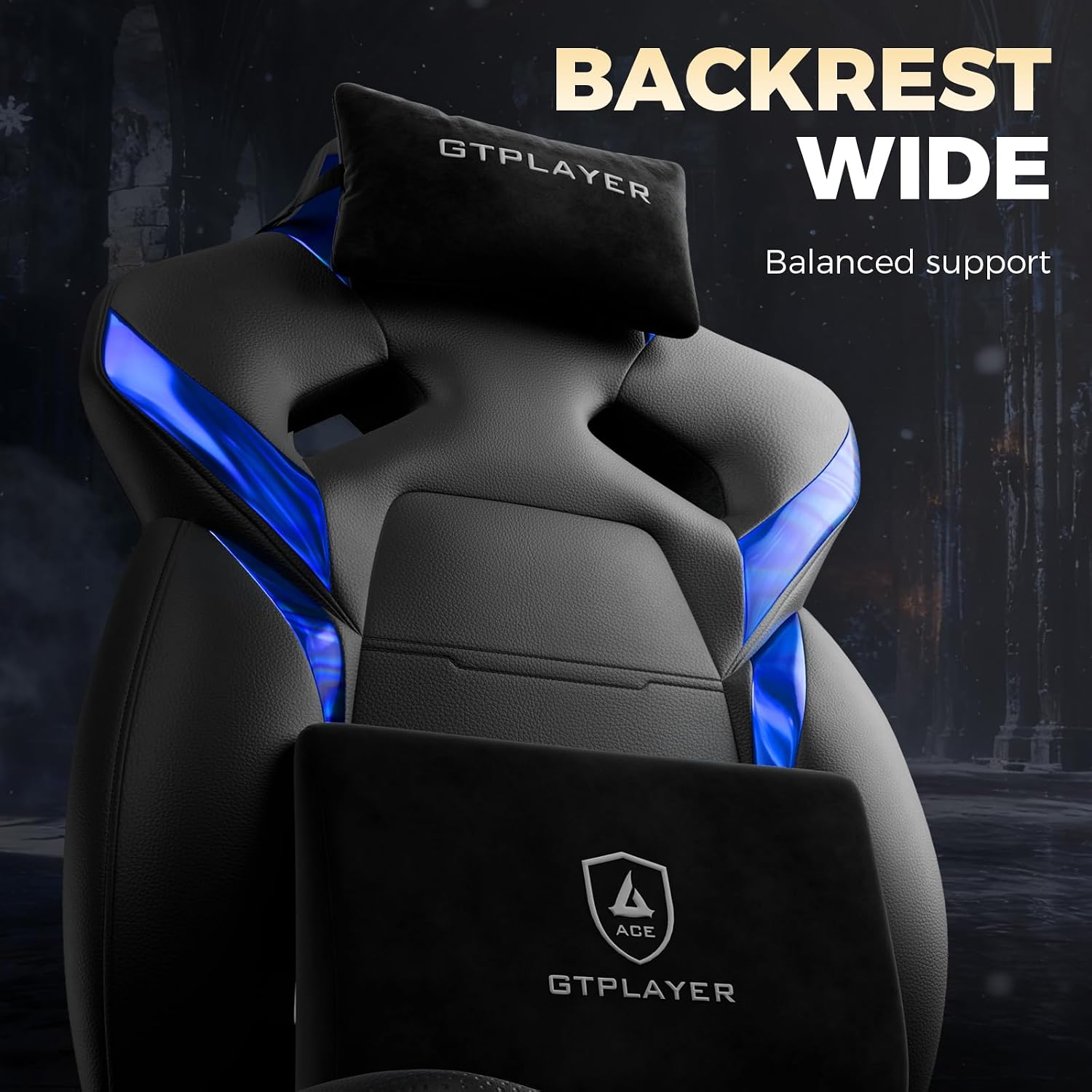 GTPLAYER Big and Tall Gaming Chair for Adults, Ergonomic Office Chair with Footrest, Heavy Duty 350 lbs Capacity, High Back, Premium Leather & Iridescent Trim, ACE-Armor, Black & Blue