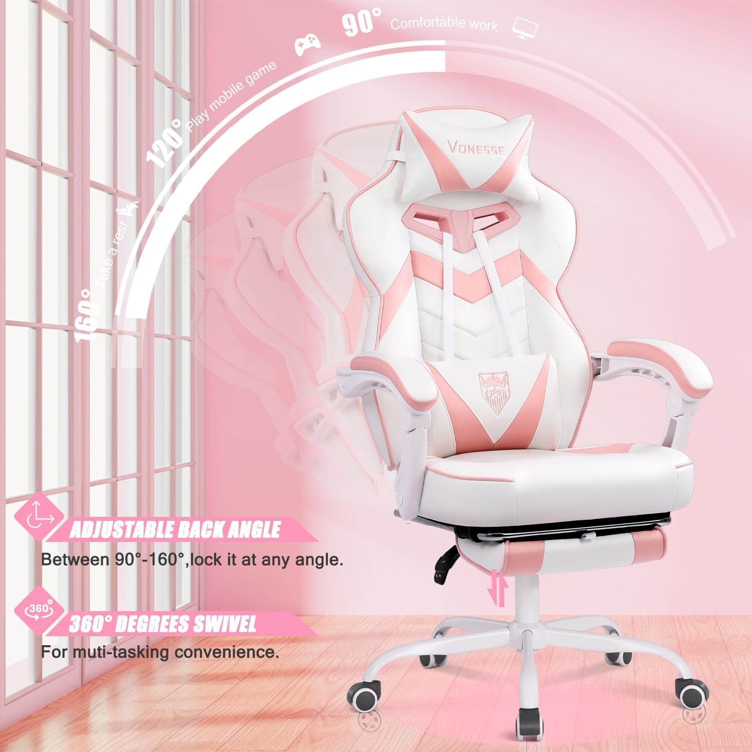 Vonesse Gaming Chair, High Back Pink Gaming Chair with Footrest and Massage, Gaming Chairs for Adults with Pocket Spring Cushion, Big and Tall Reclining Computer Chair with Lumbar Support (White/Pink)