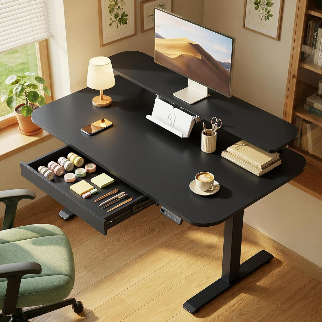 GTPLAYER Electric Standing Desk with Drawers, 48 x 24 Inches Height Adjustable Computer Desk with Monitor Stand, Laptop Stand, Home Office Sit Stand Up Desk with Memory Preset, Black