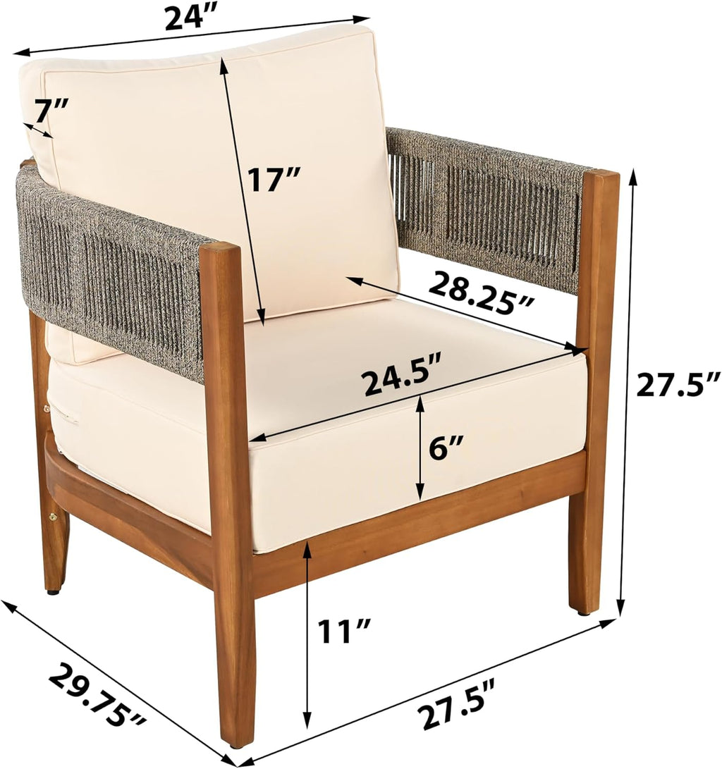 Christopher Knight Home Rekker Acacia Wood Outdoor Club Chair Set of 2, Patio Accent Chair with Removable Cushion, Patio Furniture Set Comfy Reading Chair, Wooden Single Lounge Sofa Set, Teak+Beige