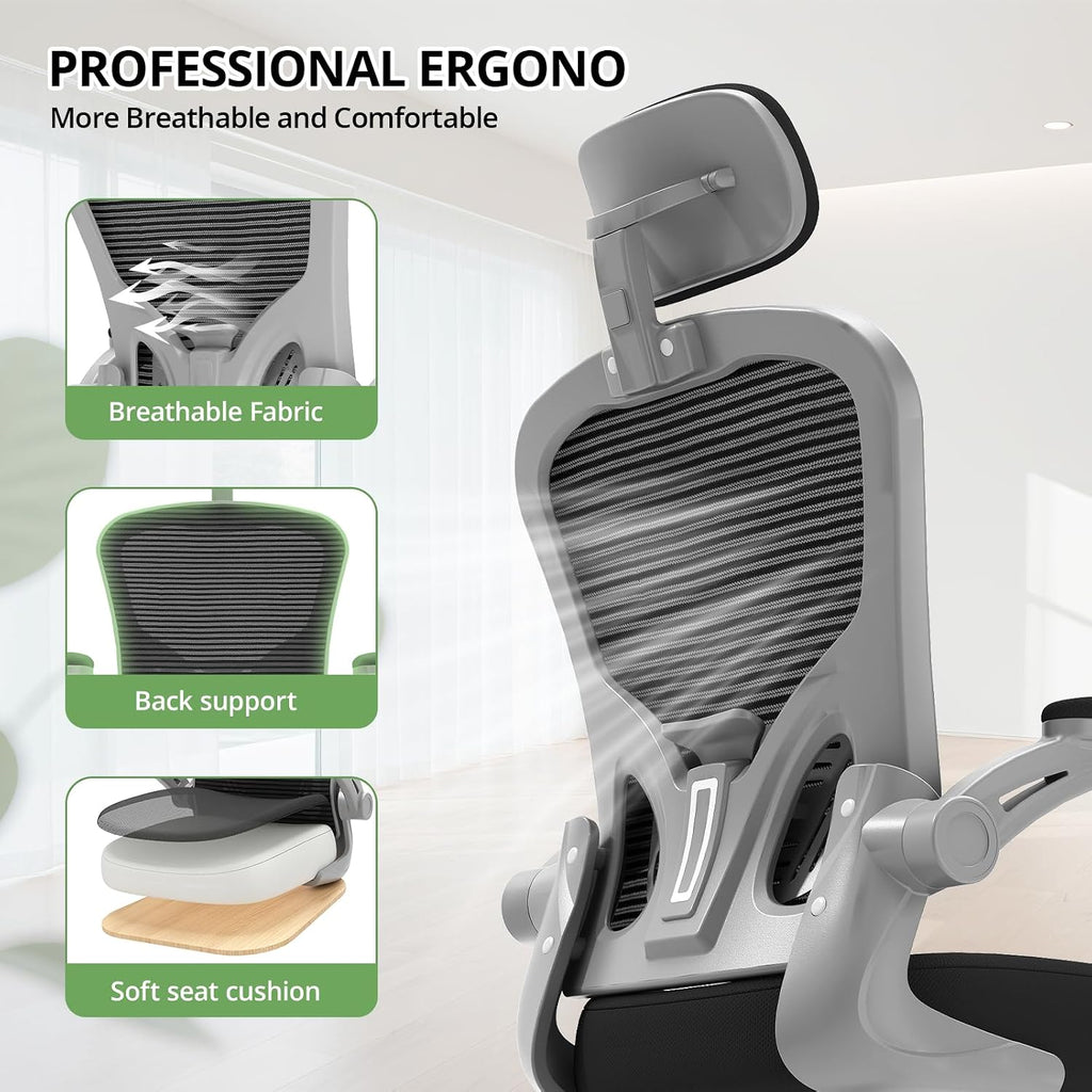 Office Chair Ergonomic Desk Chair, 330LBS Capacity, High Back Computer Design for Long Hours Comfort, Rolling Swivel for Home Office, Flip-up Armrests, Grey Black