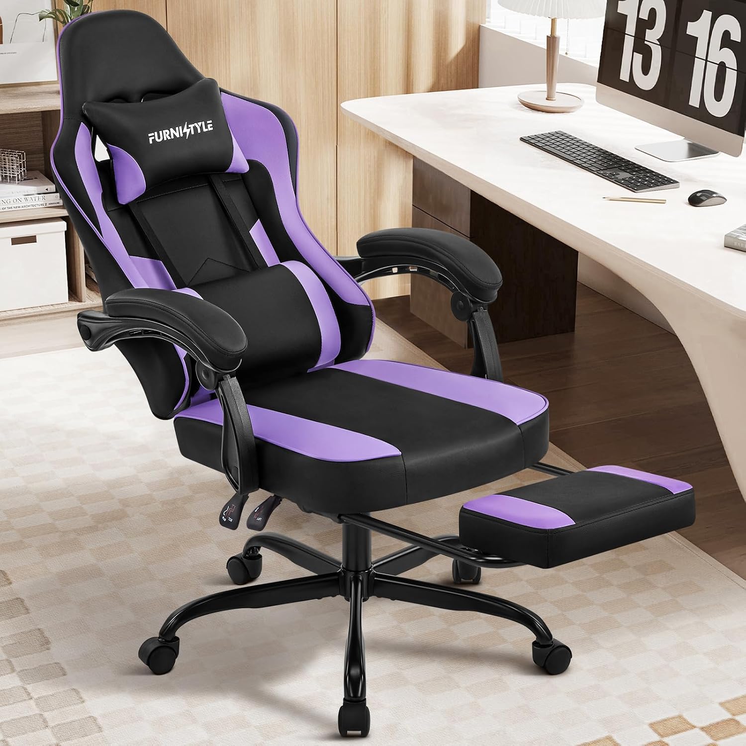 Gaming Chair, Purple Gaming Chairs for Adults Teens, High-Back Ergonomic Computer Chair with Extended Footrest, Removable Headrest & Lumbar Support, Wide PU Leather Reclining Desk Chair