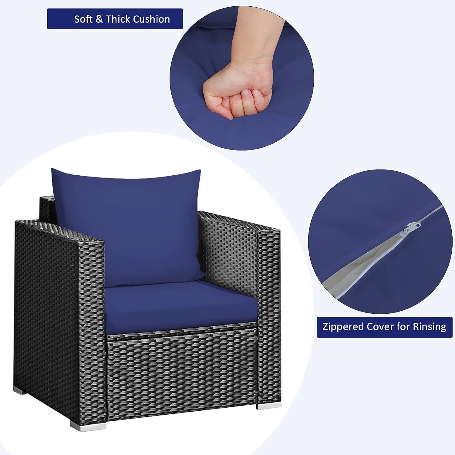 COSTWAY 3-Piece Outdoor Patio Furniture Set, Cushioned Armchairs and Tempered Glass Coffee Table, Wicker Rattan Sofa Set for Garden, Balcony, Backyard (Navy)