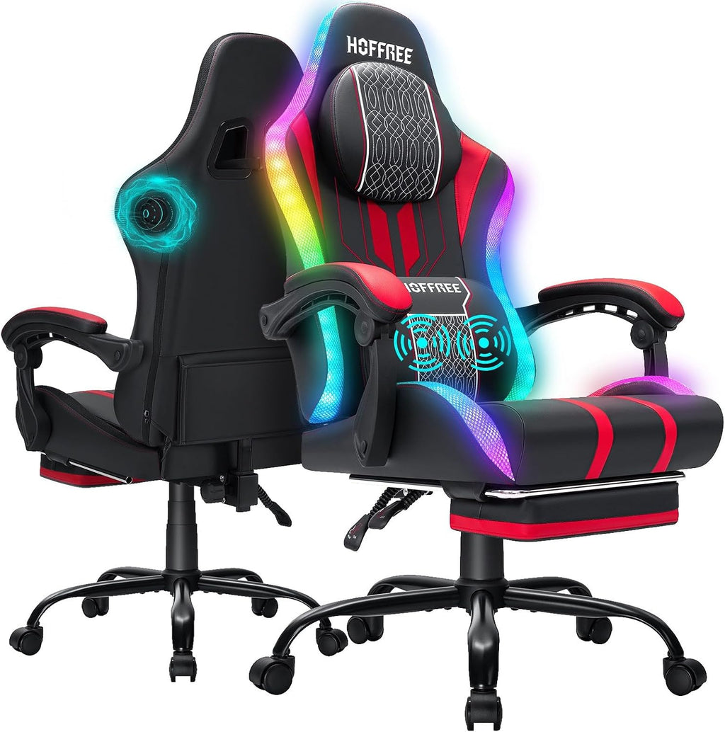 HOFFREE LED Gaming Chair with Bluetooth Speakers Massage Gaming Chair with RGB Lights Big and Tall Game Chairs for 400lbs Heavy People High Back Computer Desk Chair with Footrest Red and Black