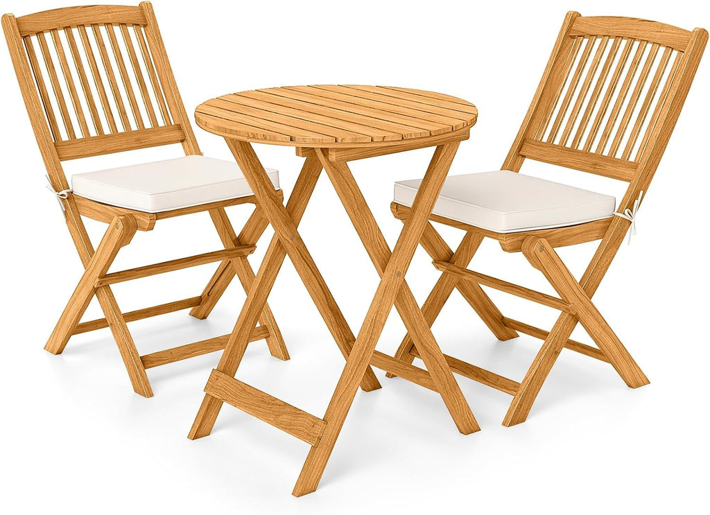 Giantex 3Pcs Patio Bistro Set, Wood Folding Table Set, 2 Cushioned Chairs for Garden Yard, Outdoor Furniture Round Table (Natural & Beige)