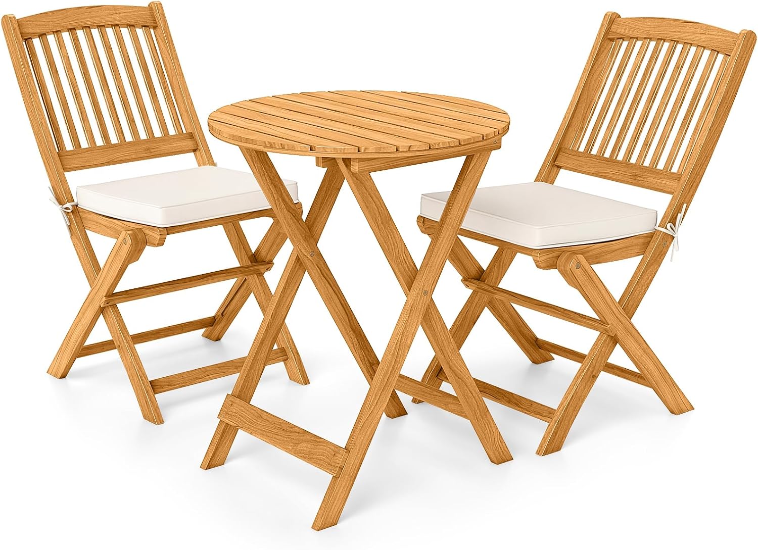 Giantex 3Pcs Patio Bistro Set, Wood Folding Table Set, 2 Cushioned Chairs for Garden Yard, Outdoor Furniture Round Table (Natural & Beige)