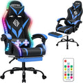 HOFFREE Gaming Chair with LED RGB Lights Massage Video Gamer Chairs with Footrest Ergonomic High Back Reclining Computer Chair with Adjustable Lumbar Support Blue and Black