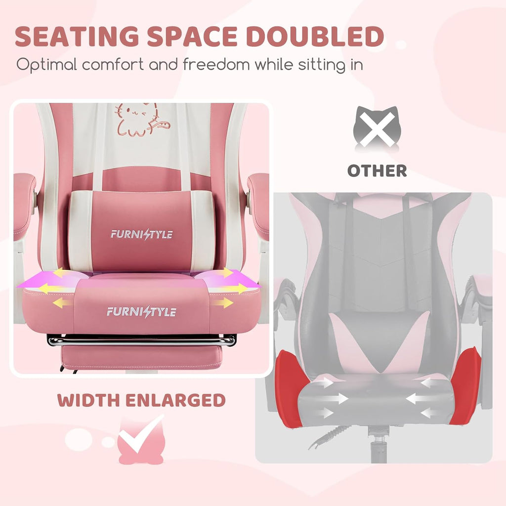 Gaming Chair, Pink Video Game Chairs for Adults with Cat Ears Pocket Spring Cushion Massage Lumbar Support & Headrest, Ringing Accessories Cute Leather Ergonomic Computer Chair for Girls, Pink/White