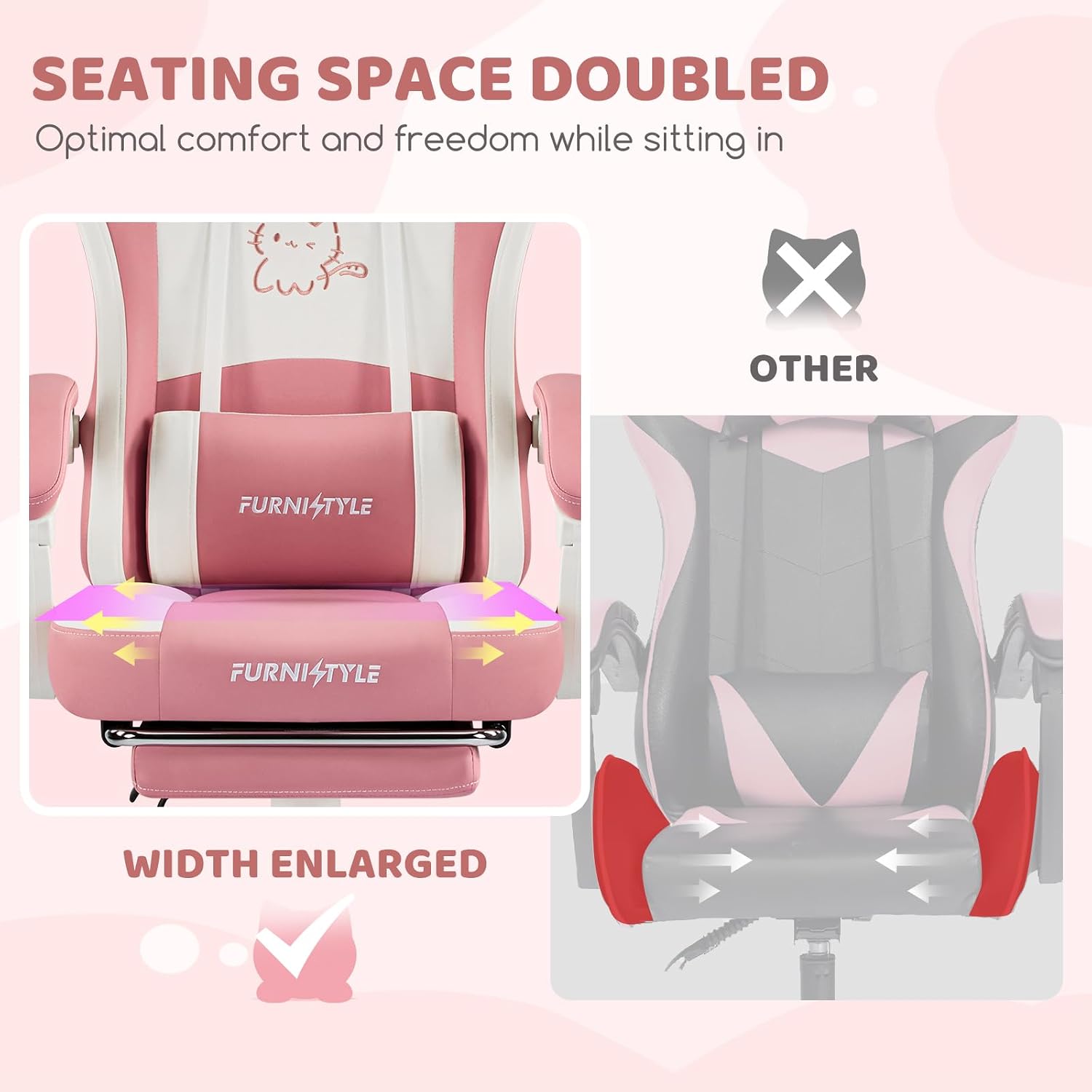 Gaming Chair, Pink Video Game Chairs for Adults with Cat Ears Pocket Spring Cushion Massage Lumbar Support & Headrest, Ringing Accessories Cute Leather Ergonomic Computer Chair for Girls, Pink/White