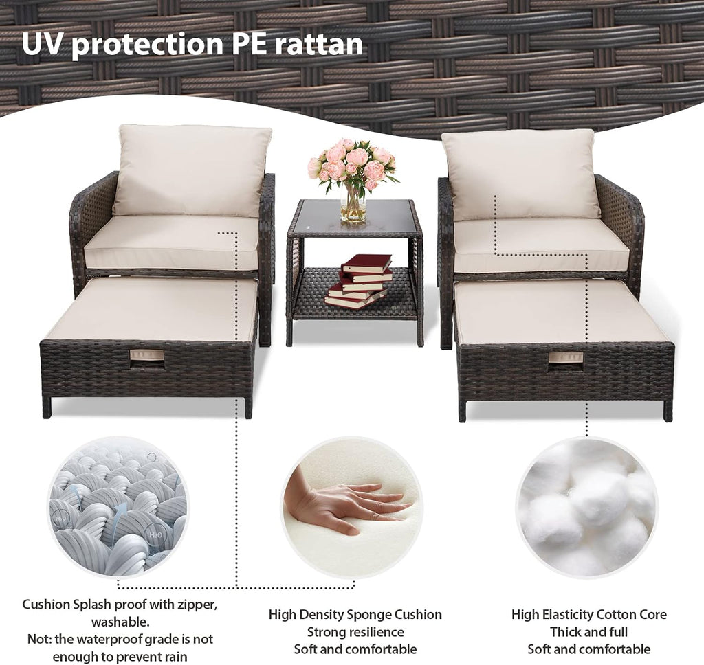 LEVELEVE Balcony Furniture 5 Piece Patio Conversation Set, PE Wicker Rattan Outdoor Lounge Chairs with Soft Cushions 2 Ottoman&Glass Table for Porch, Lawn-Brown Wicker