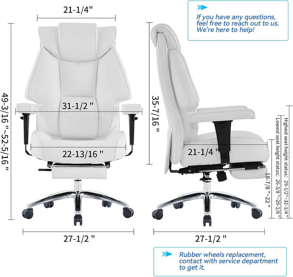 EXCEBET Big and Tall Office Chair with Footrest, PU Leather High Back Executive Office Chair 400lbs, Ergonomic Computer Chairs Lumbar Support for Heavy People (White)