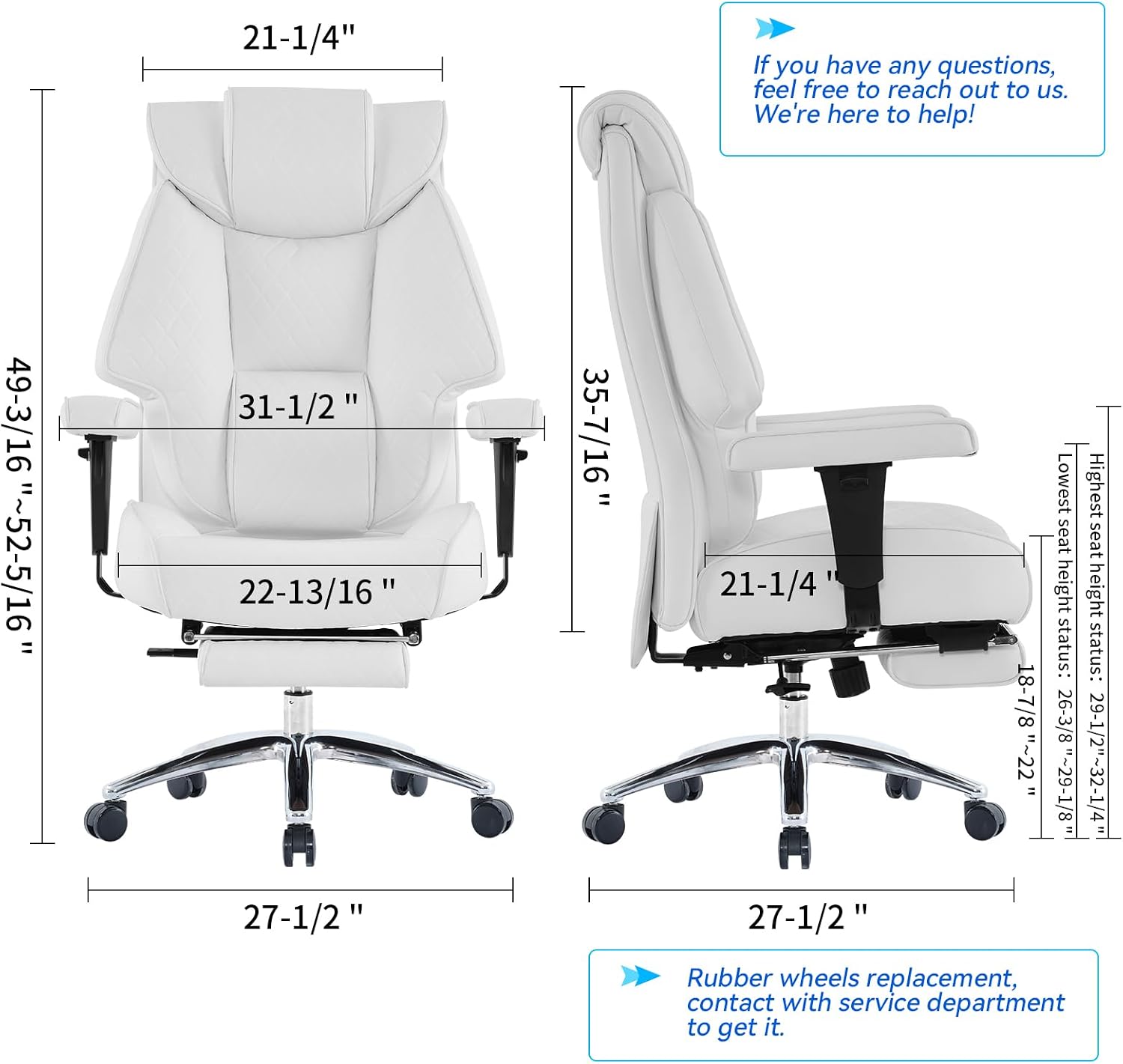 EXCEBET Big and Tall Office Chair with Footrest, PU Leather High Back Executive Office Chair 400lbs, Ergonomic Computer Chairs Lumbar Support for Heavy People (White)