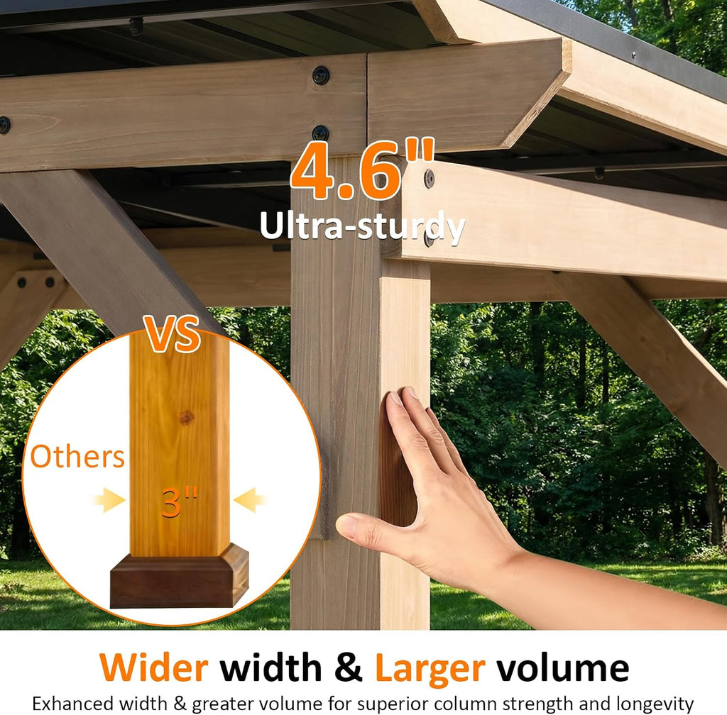 CHARMELEON 10x12 FT Cedar Wood Gazebo,Wooden Gazebo with 4.6in Thickened Posts&Sloped Galvanized Steel Roof,Permanent Hardtop Patio Pavilion for Outdoor, Patio, Backyard-Gray
