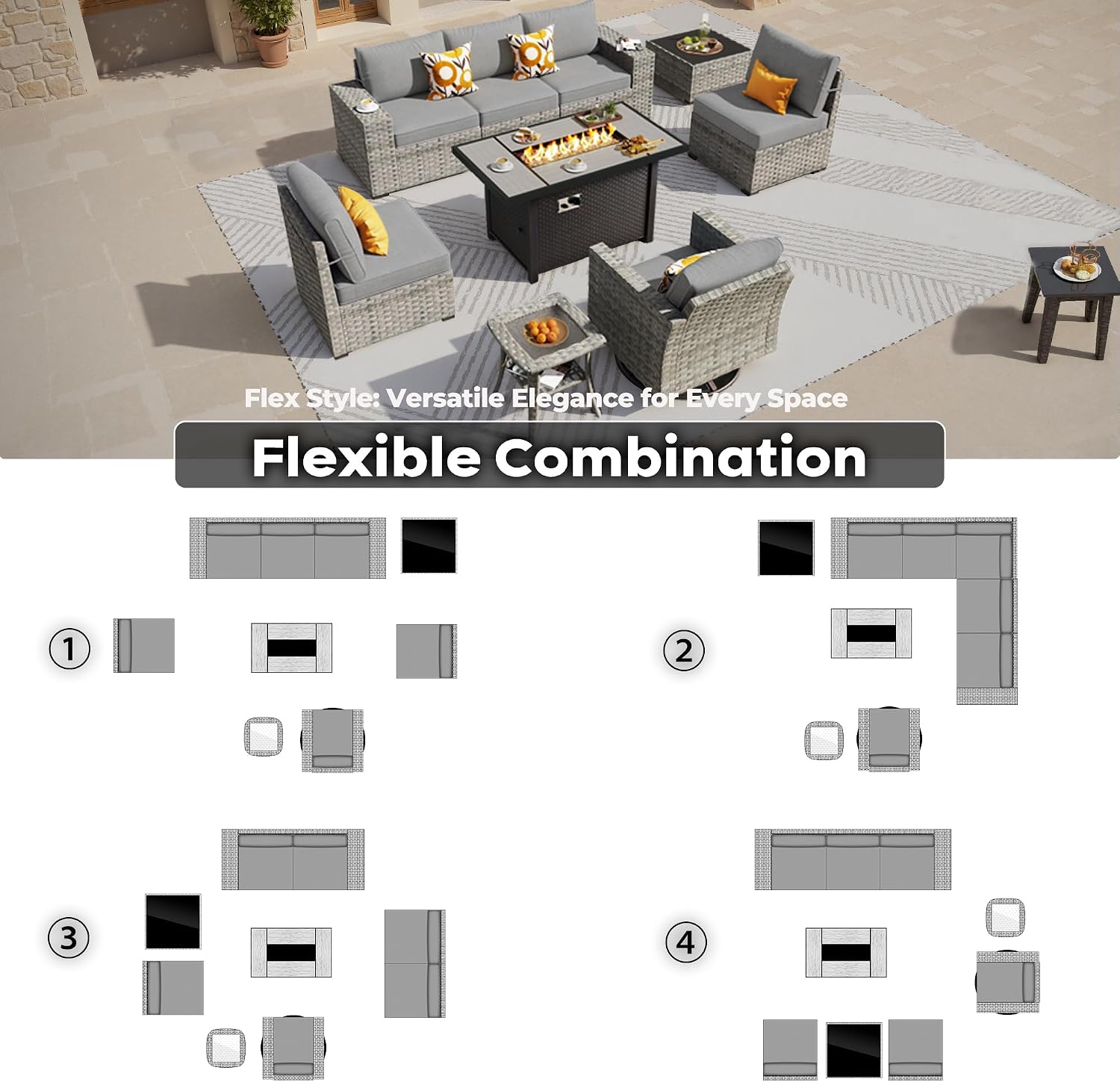 ovios 9 Pieces Patio Furniture Set, Outdoor Wicker Sectional Sofa with 42' Firepit Table Swivel Chair, Modern Modular Deep Seat Rattan Couch Conversation Sets, Dark Grey