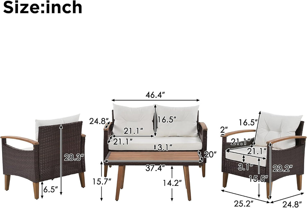 Merax Patio Furniture Sets 4 Pieces, All Weather Outdoor PE Rattan Sofa with Wood Table and Legs, for Lawn, Backyard, Poolside or Garden, Beige