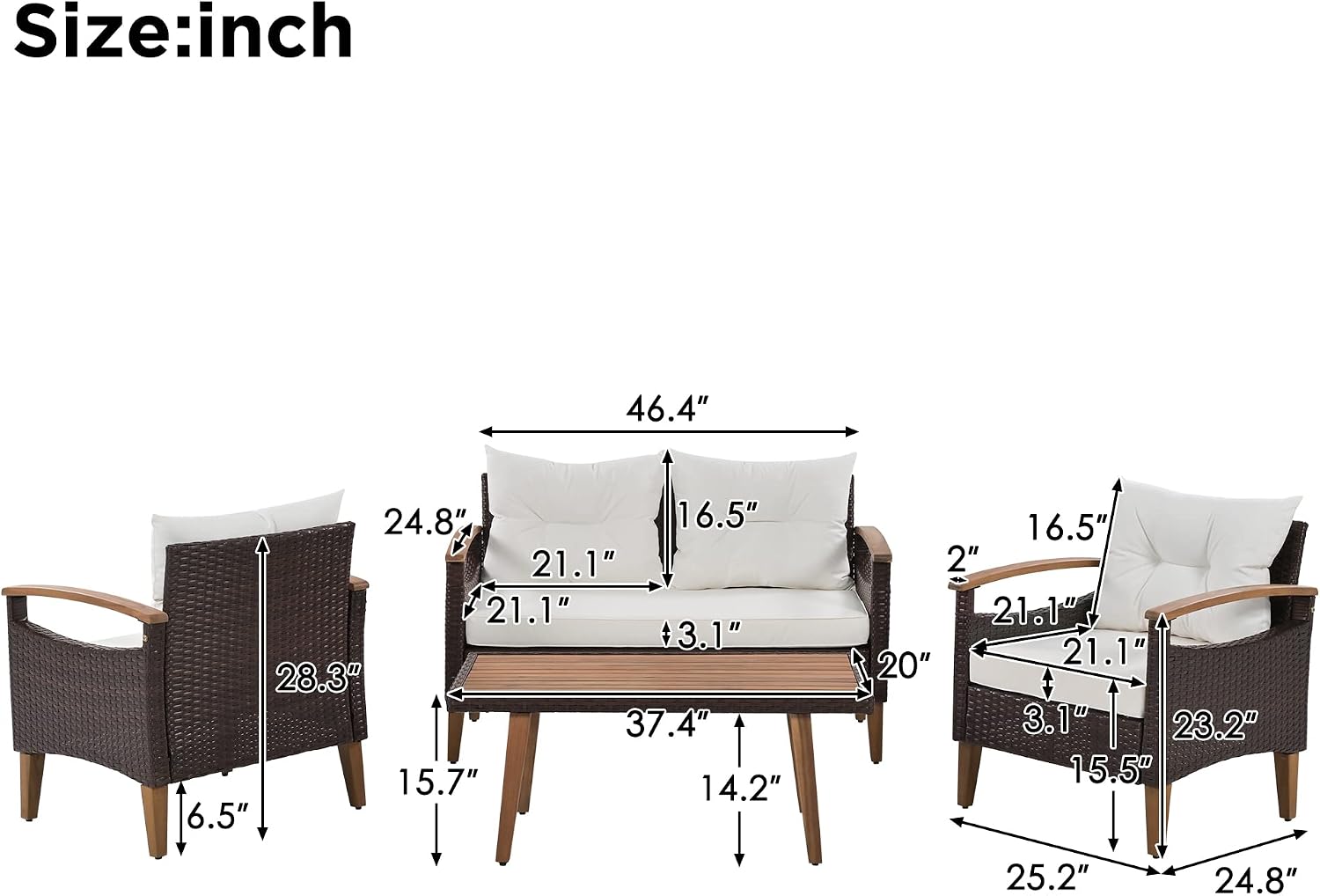 Merax Patio Furniture Sets 4 Pieces, All Weather Outdoor PE Rattan Sofa with Wood Table and Legs, for Lawn, Backyard, Poolside or Garden, Beige