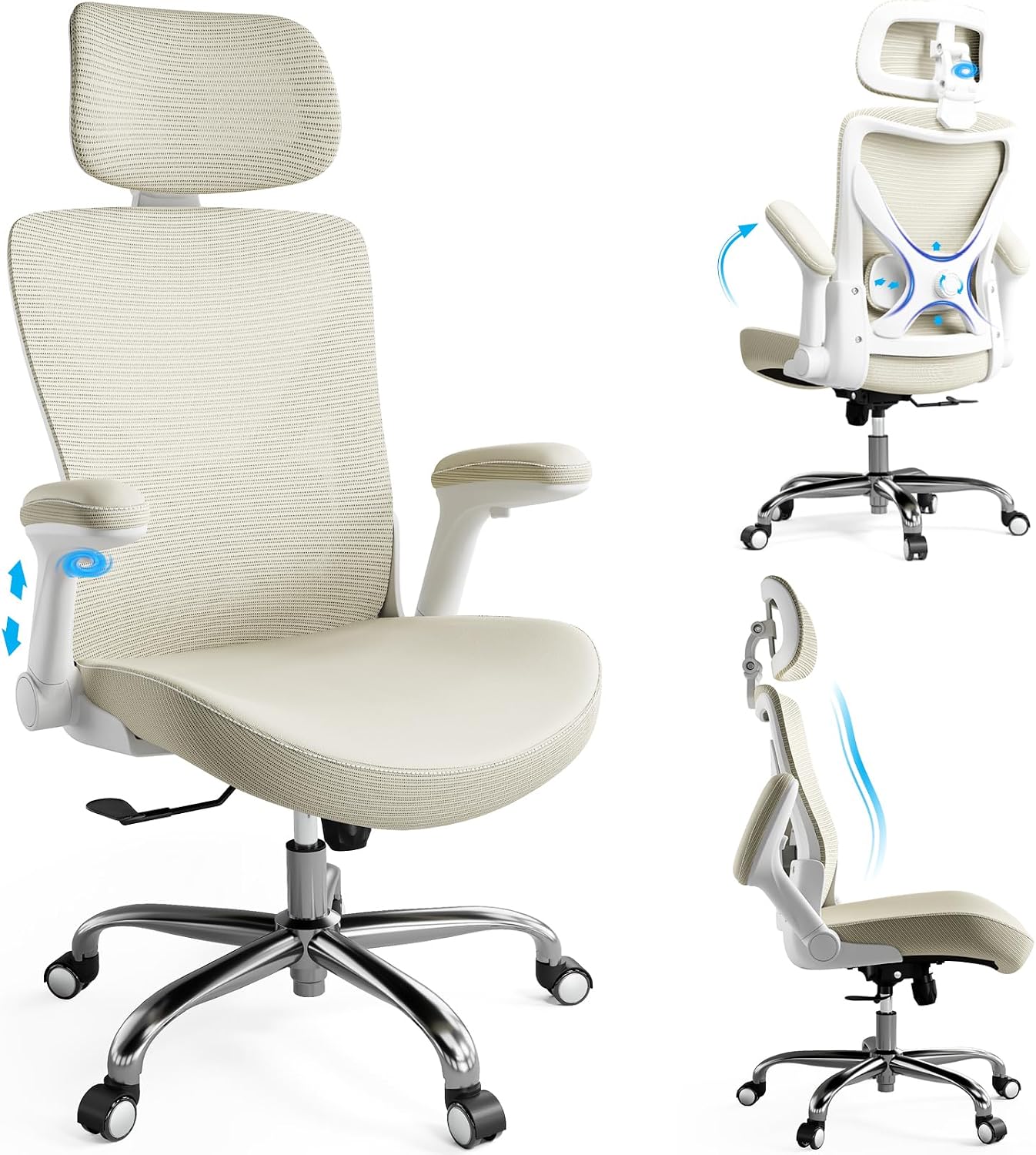 Ergalithic Office Home Ergonomic Desk Chair-Computer X-Shaped Chair Mesh PU Leather with Adjustable Lumbar Support-Executive Chair High Back with Headrest Flip-Up Arms for Long Hours (Beige)