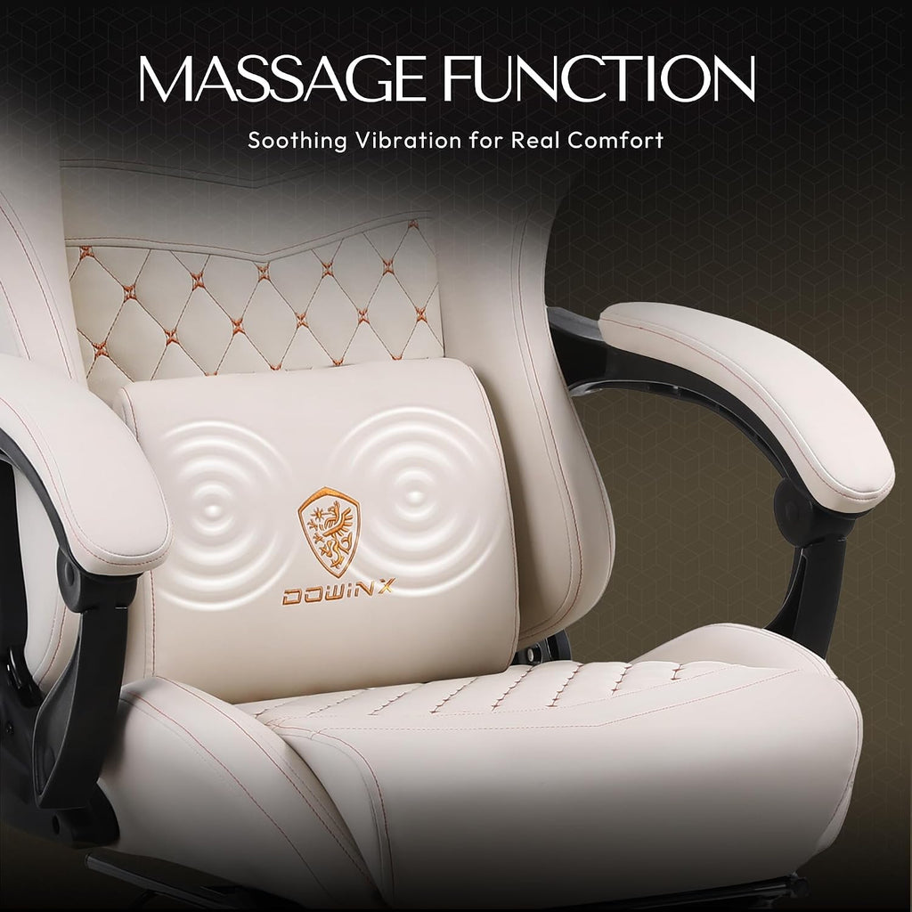 Dowinx Big & Tall Vintage Gaming Chair for Adults, 400 lb Capacity Heavy Duty Ergonomic Computer Chair with Massage Lumbar, Footrest & Easy Side Recline, Ivory