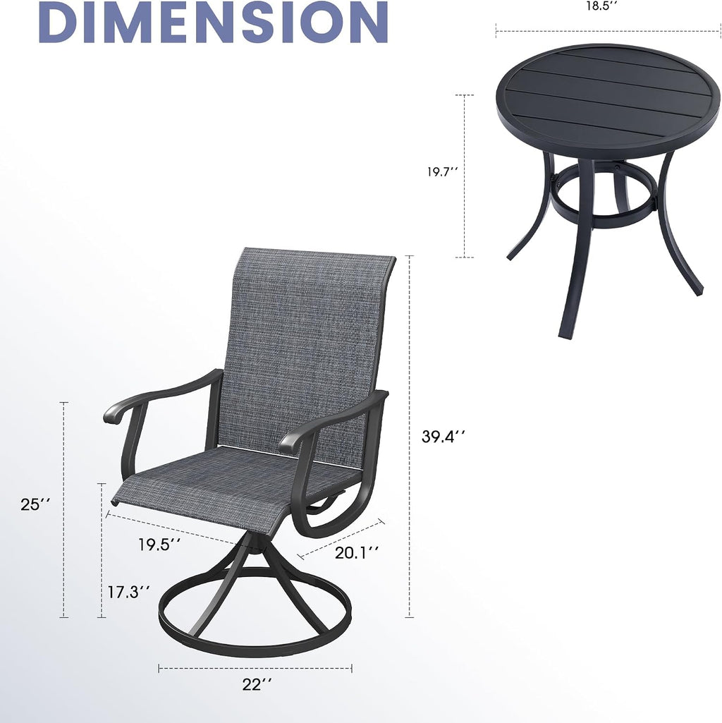 VICLLAX 3 Pieces Small Outdoor Furniture, 2 Patio Swivel Chairs and Small Round Outdoor Table for 2, Dark Charcoal Chairs & Black