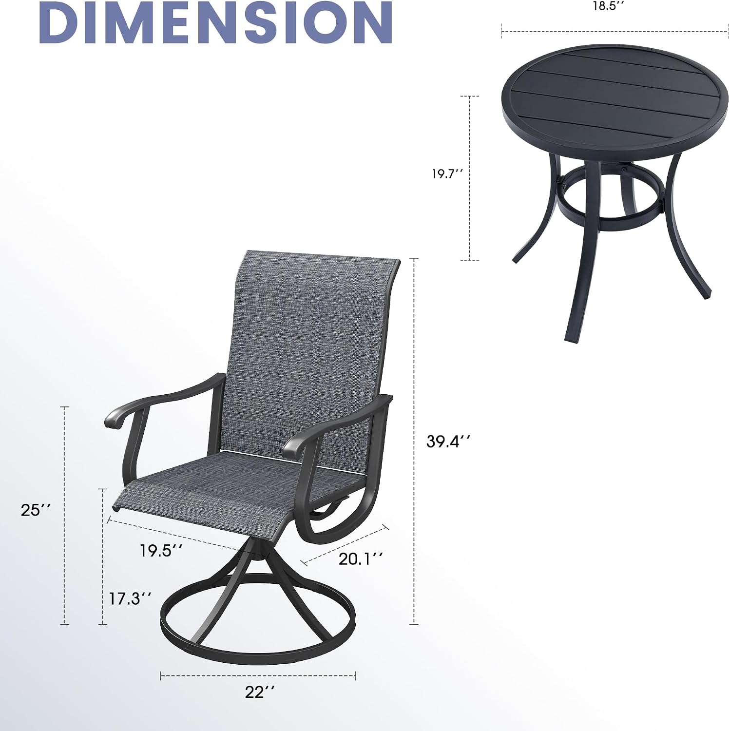 VICLLAX 3 Pieces Small Outdoor Furniture, 2 Patio Swivel Chairs and Small Round Outdoor Table for 2, Dark Charcoal Chairs & Black