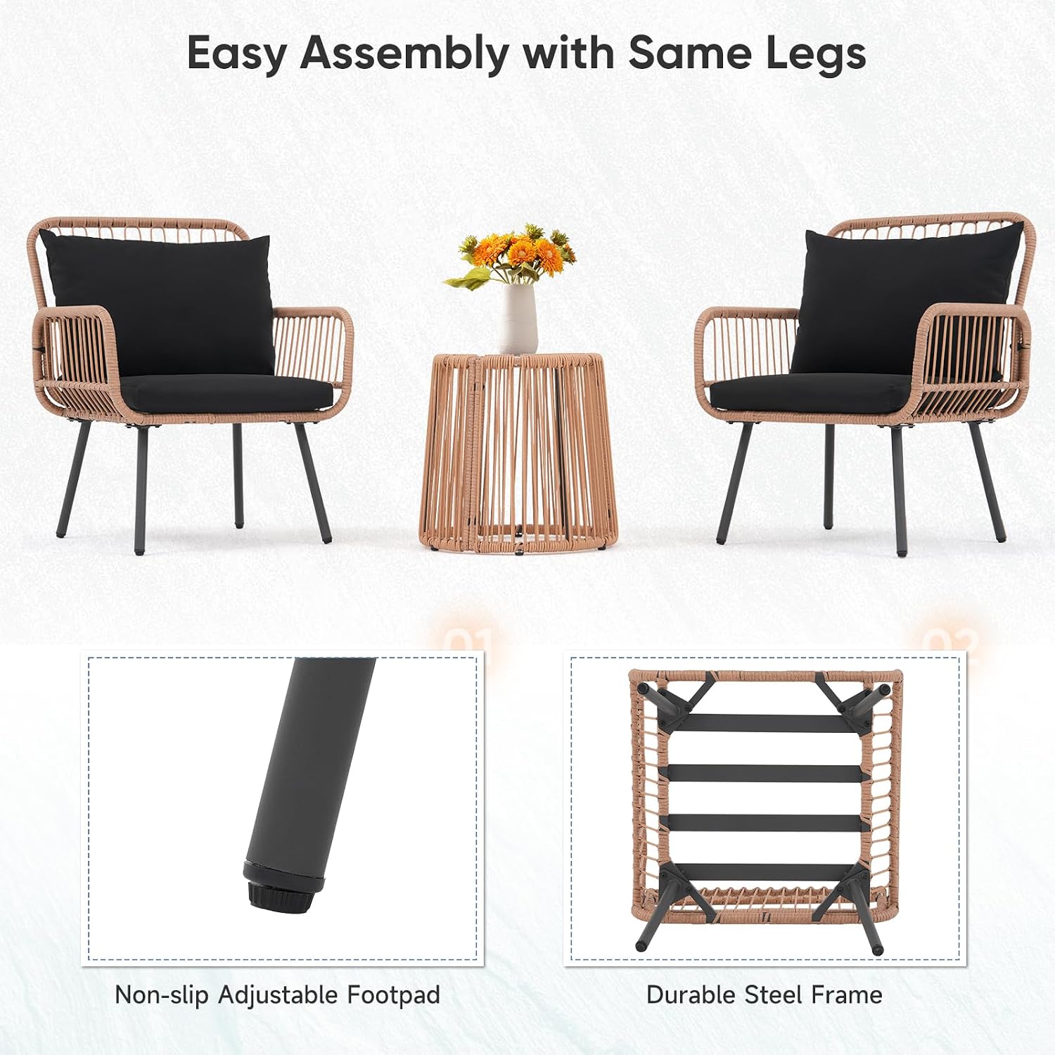 Verano Garden 3 Pieces Patio Bistro Sets, Outdoor Wicker Balcony Furniture Sets,Patio Rattan Furniture Set with Round Glass Table for Porch,Lawn,Garden,Backyard (Black, 3 PCS Set)