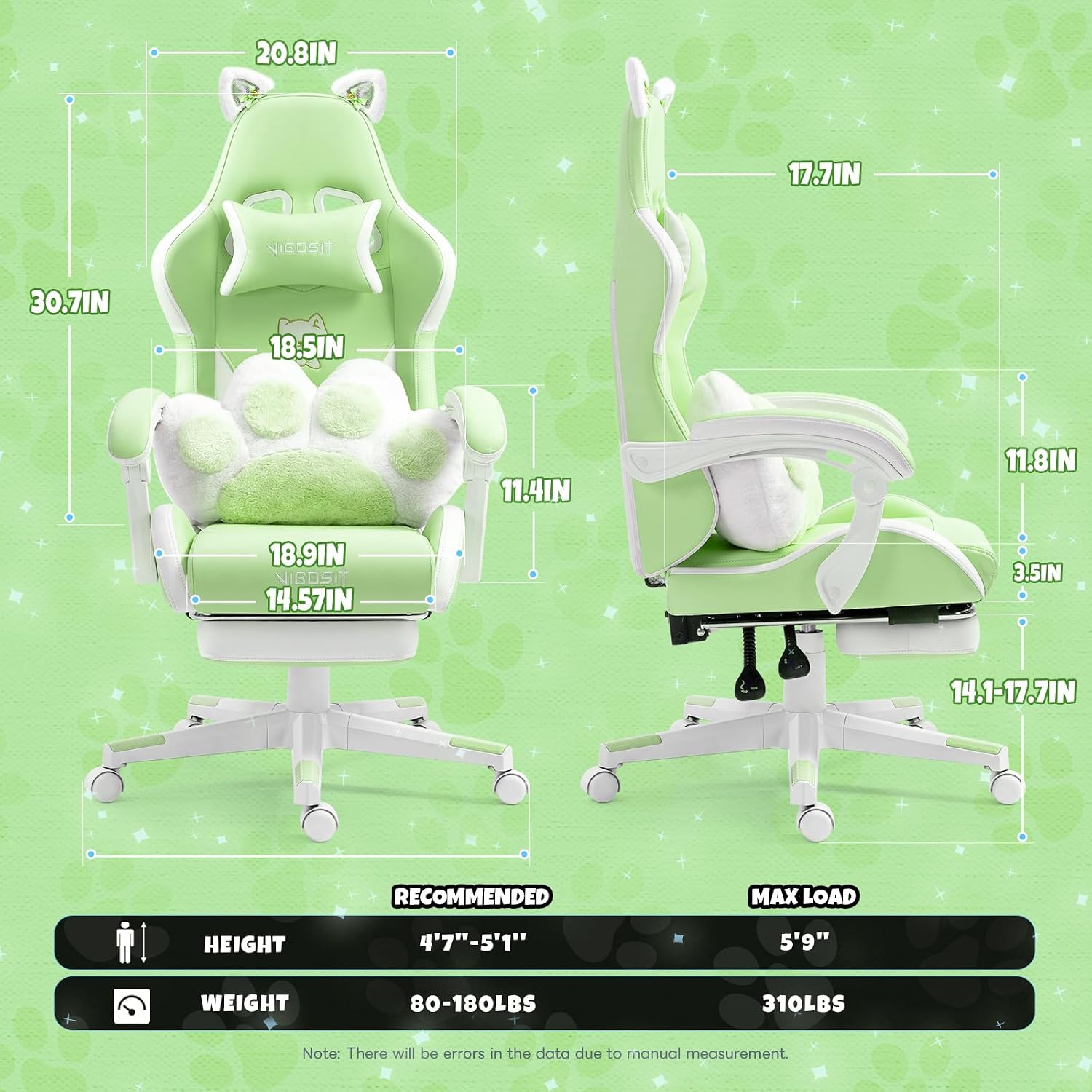 Vigosit Cute Cat Gaming Chair with Paw Lumbar Cushion, PC Video Gamer Chair for Girl Teen Woman (Green)