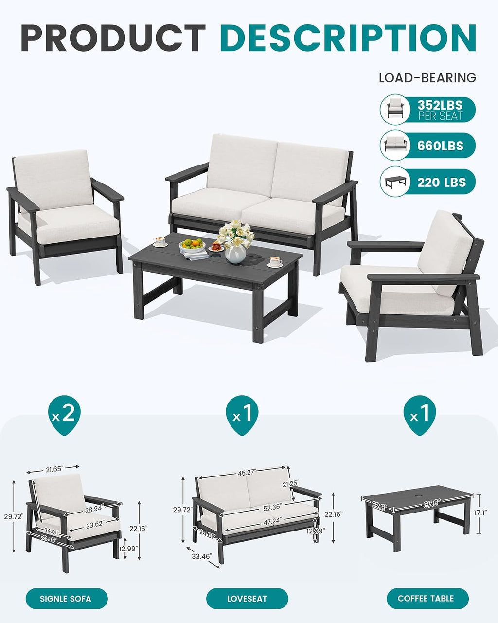 SERWALL HDPE Outdoor Furniture Set 4, All Weather Wood-Like Outdoor Sofa Sectional Couch, Grey Patio Furniture Set with Khaki Cushions
