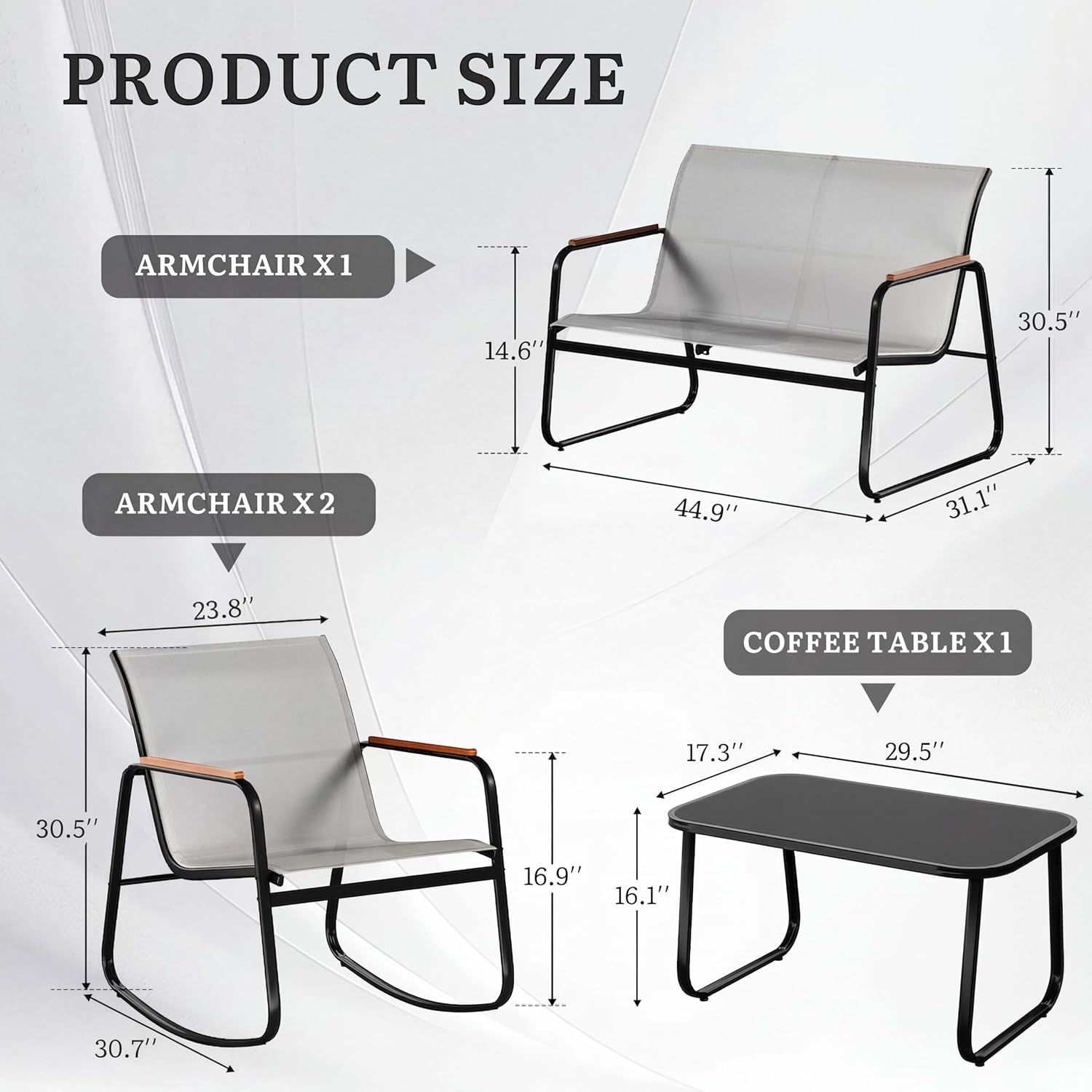 YITAHOME 4 Pieces Patio Furniture Set, Outdoor Textilene Conversation Sets Rocking Bistro Chairs, Loveseat and Glass Table for Living Room Lawn Garden Balcony Poolside Backyard (Grey)