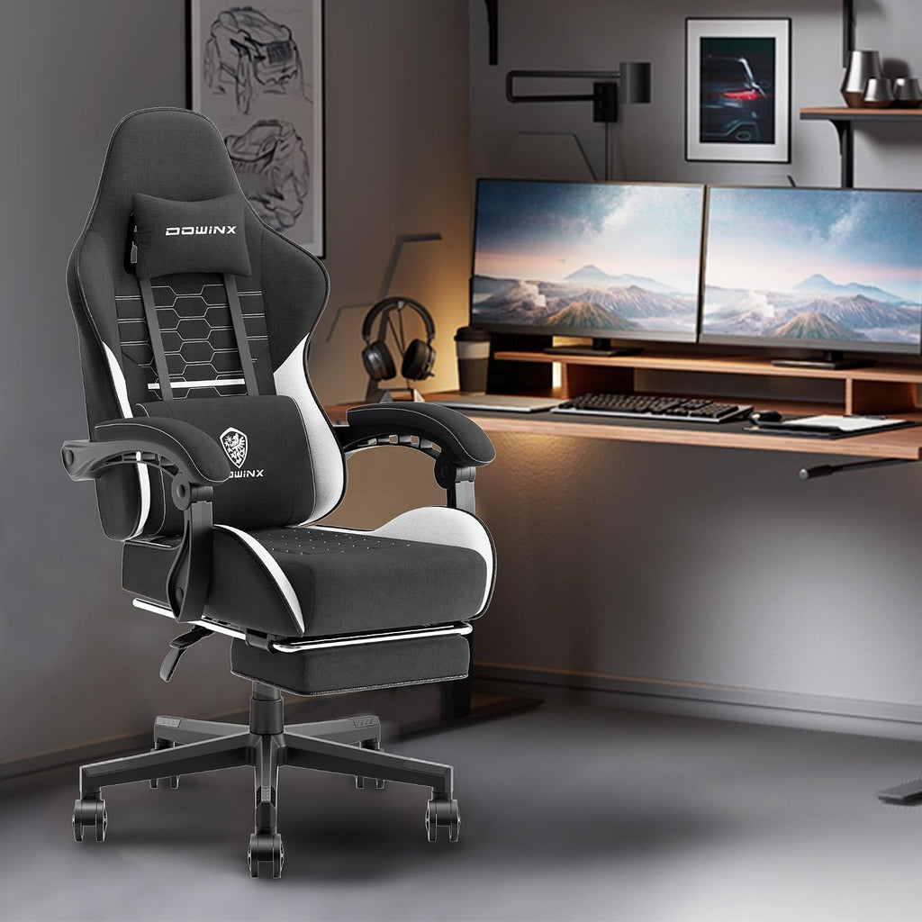 Dowinx Gaming Chair with Pocket Spring Cushion, Computer Office Game Chair, Linkage Armrests and Footrest, High Back Ergonomic Computer Chair with Lumbar Support Task Chair with Footrest(Black White)