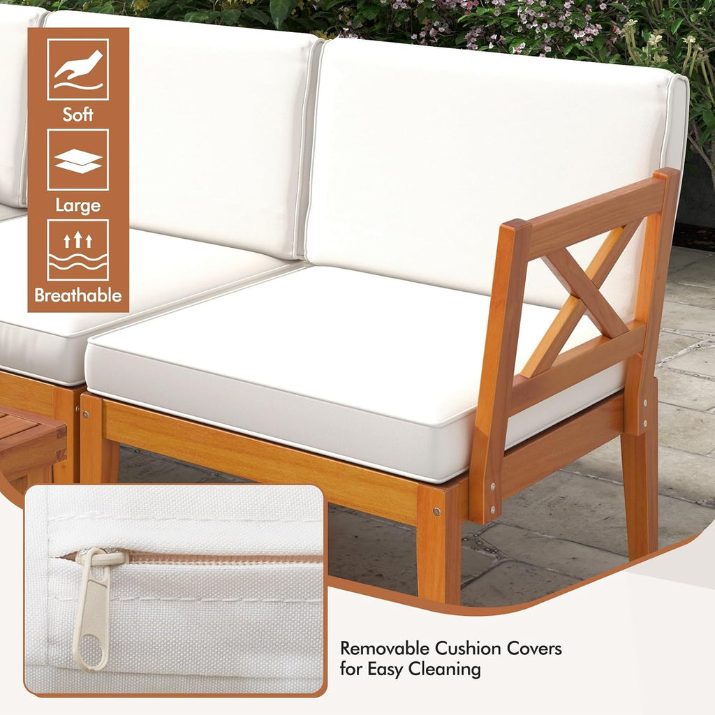 Tangkula 6 Pieces Acacia Wood Patio Furniture Set, Outdoor Sectional Conversation Set with Cushions and 2-Tier Coffee Table, L Shaped Corner Sofa Set for Garden, Porch, Poolside and Backyard