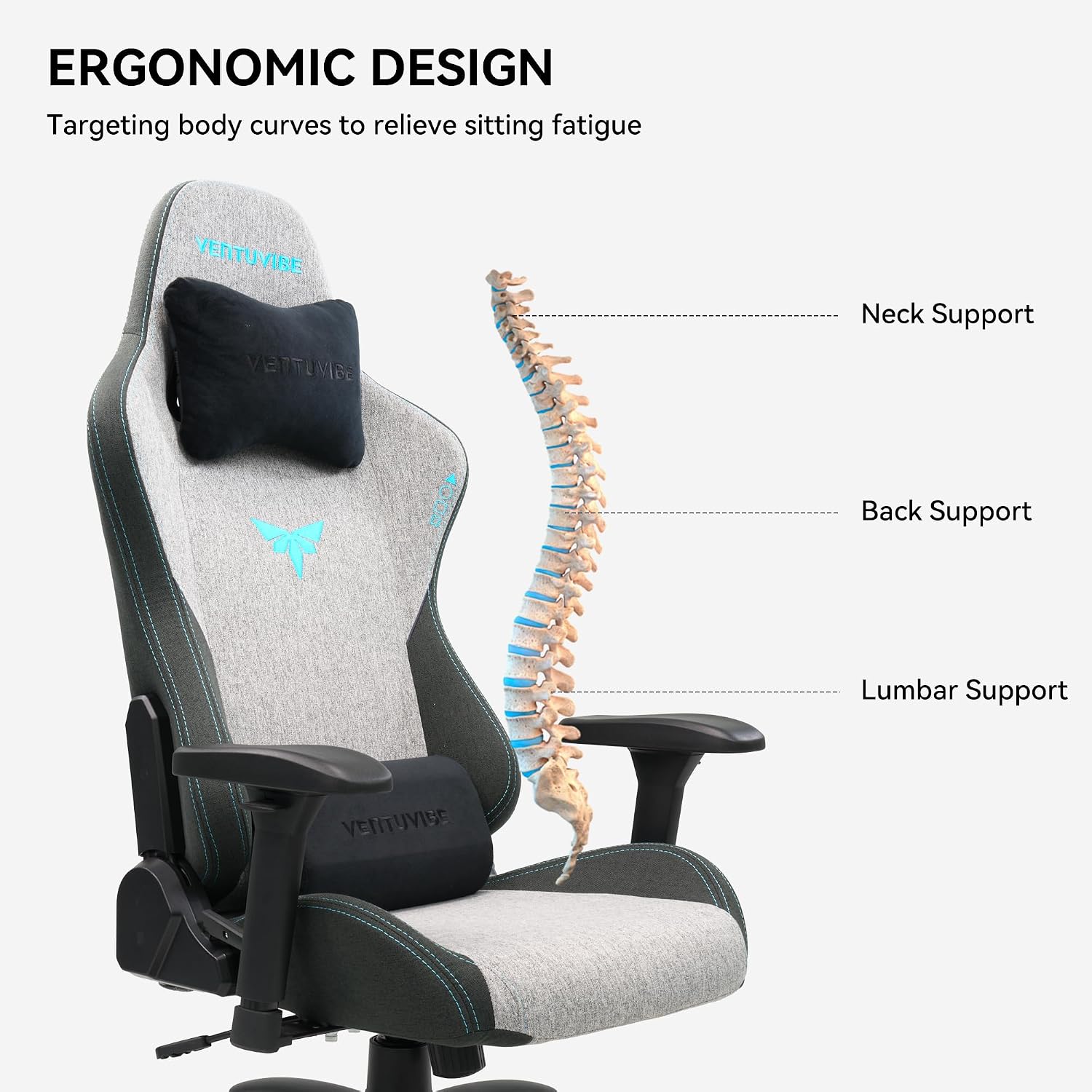 Gaming Chair 4D Adjustable Armrests - 155° Reclining & 320lb Capacity, High Back Ergonomic Computer Chair with Lumbar Support, Fabric Office Chair for Adults (Gray)