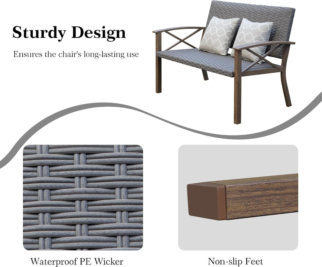 Domi Aluminum Patio Furniture Set, 2-Piece Modern Conversation Set with Cotton Padding Backrests and Seats, Outdoor Loveseat Metal Sofa Set with 5.5 Inch Cushion and Coffee Table for Balcony, Garden