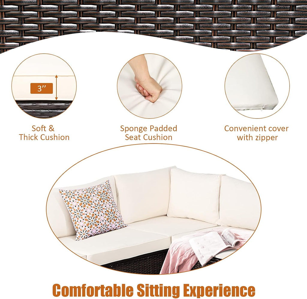 Tangkula 6 Pieces Patio Furniture Set, Outdoor Rattan Sofa Set, Wicker Conversation Set w/Tempered Glass Coffee Table & Cushions, Sectional Sofa Set for Backyard, Garden, Balcony, Poolside (Beige)