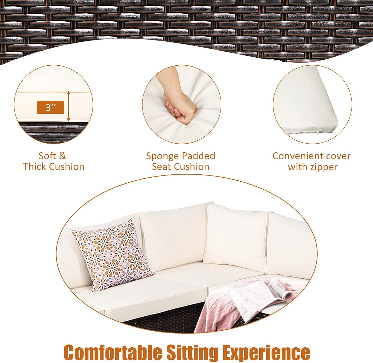 Tangkula 6 Pieces Patio Furniture Set, Outdoor Rattan Sofa Set, Wicker Conversation Set w/Tempered Glass Coffee Table & Cushions, Sectional Sofa Set for Backyard, Garden, Balcony, Poolside (Beige)