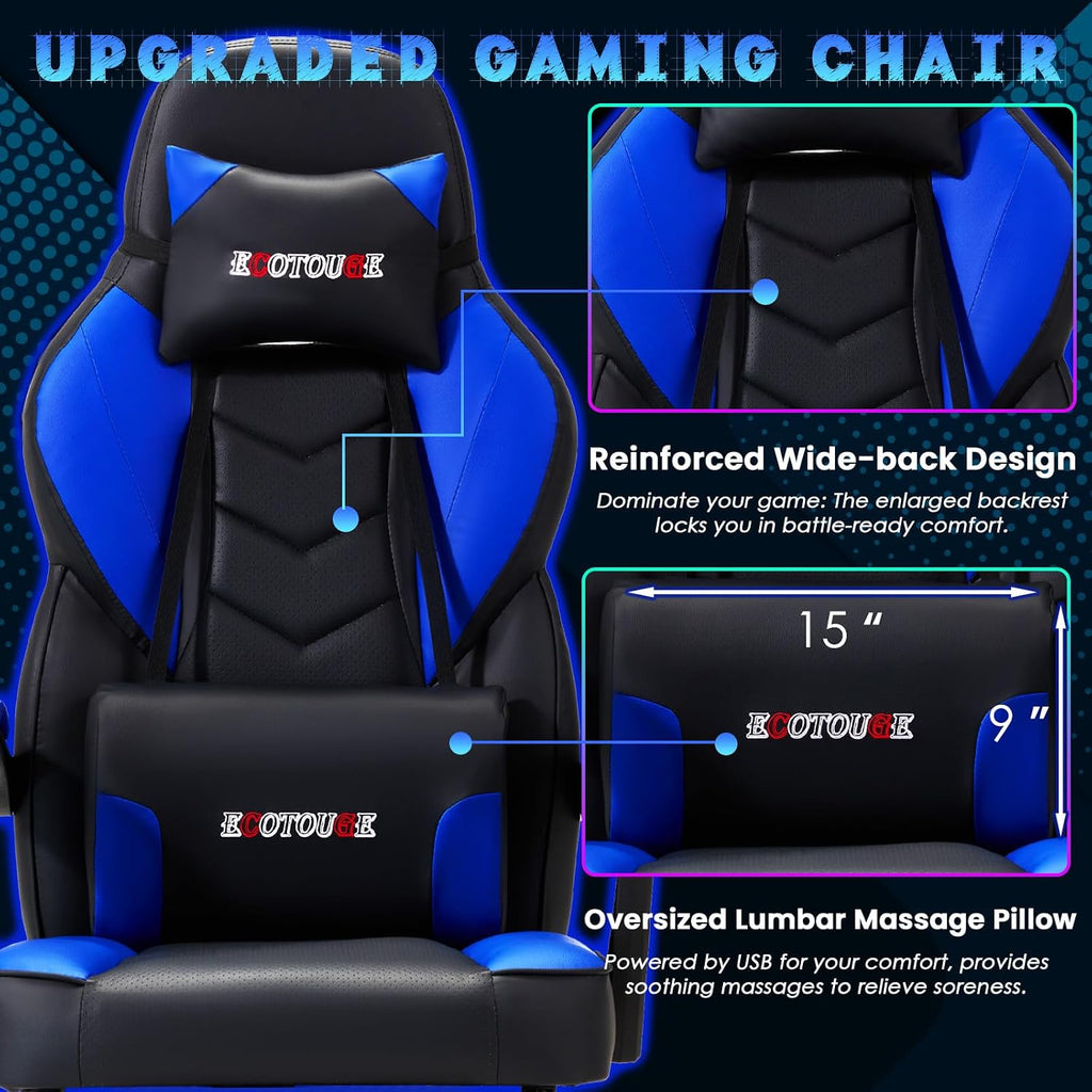 ECOTOUGE Gaming Chair with Footrest, Big and Tall Silla Gamer with Massage Lumbar Support, Ergonomic Gamer Chair with Reclining High Back, 360° Swivel Gaming Computer Chair, Blue