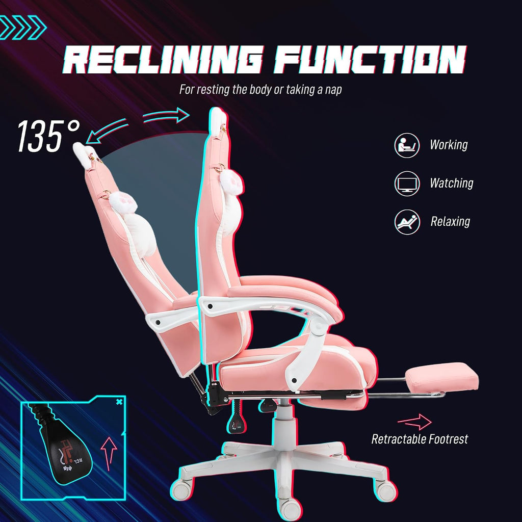 HOMCOM Racing Gaming Chair with Cat Ears, Reclining Faux Leather Computer Chair with Footrest, Lumbar Support and Headrest, Height Adjustable Gamer Chair with Swivel Seat and Wheels, Pink