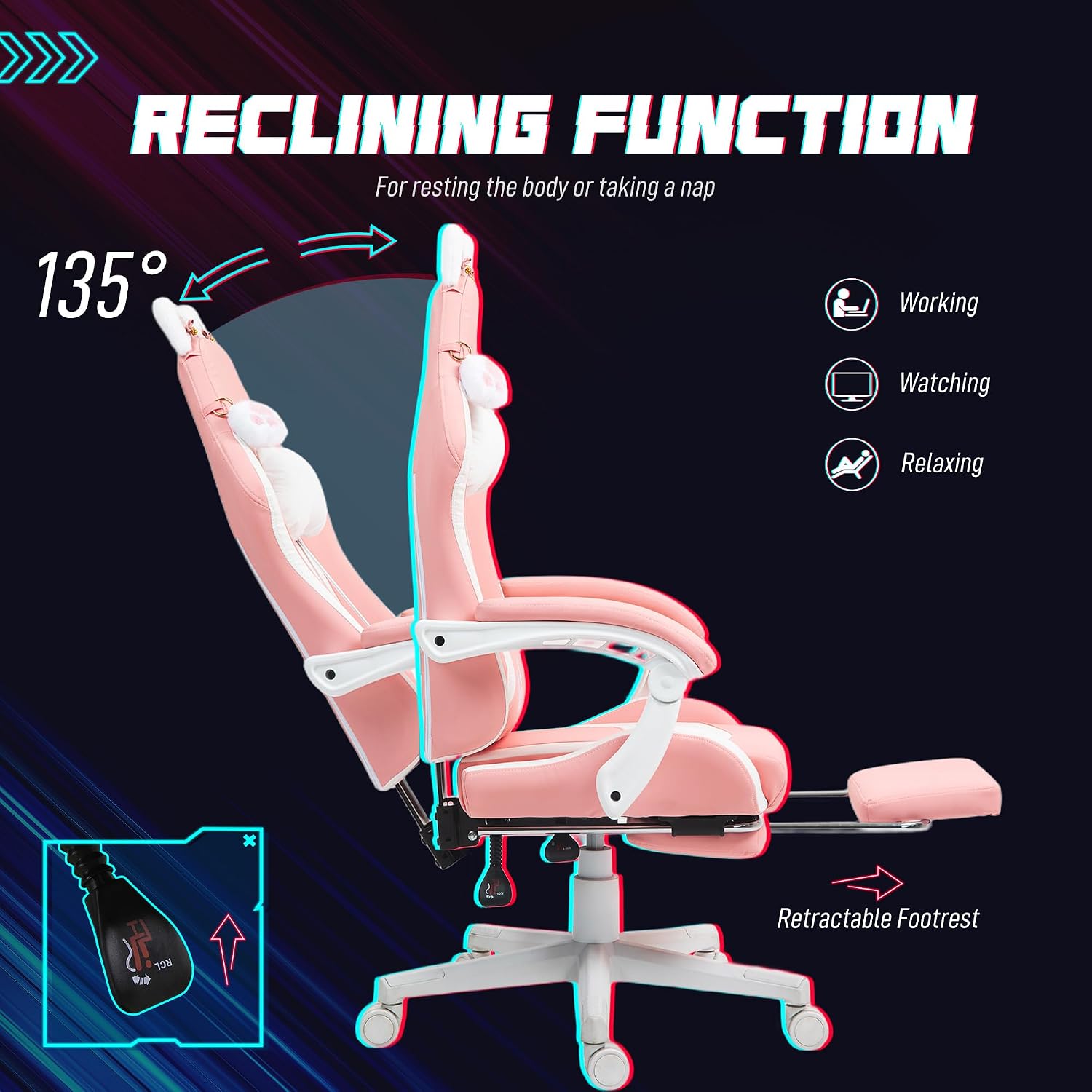 HOMCOM Racing Gaming Chair with Cat Ears, Reclining Faux Leather Computer Chair with Footrest, Lumbar Support and Headrest, Height Adjustable Gamer Chair with Swivel Seat and Wheels, Pink