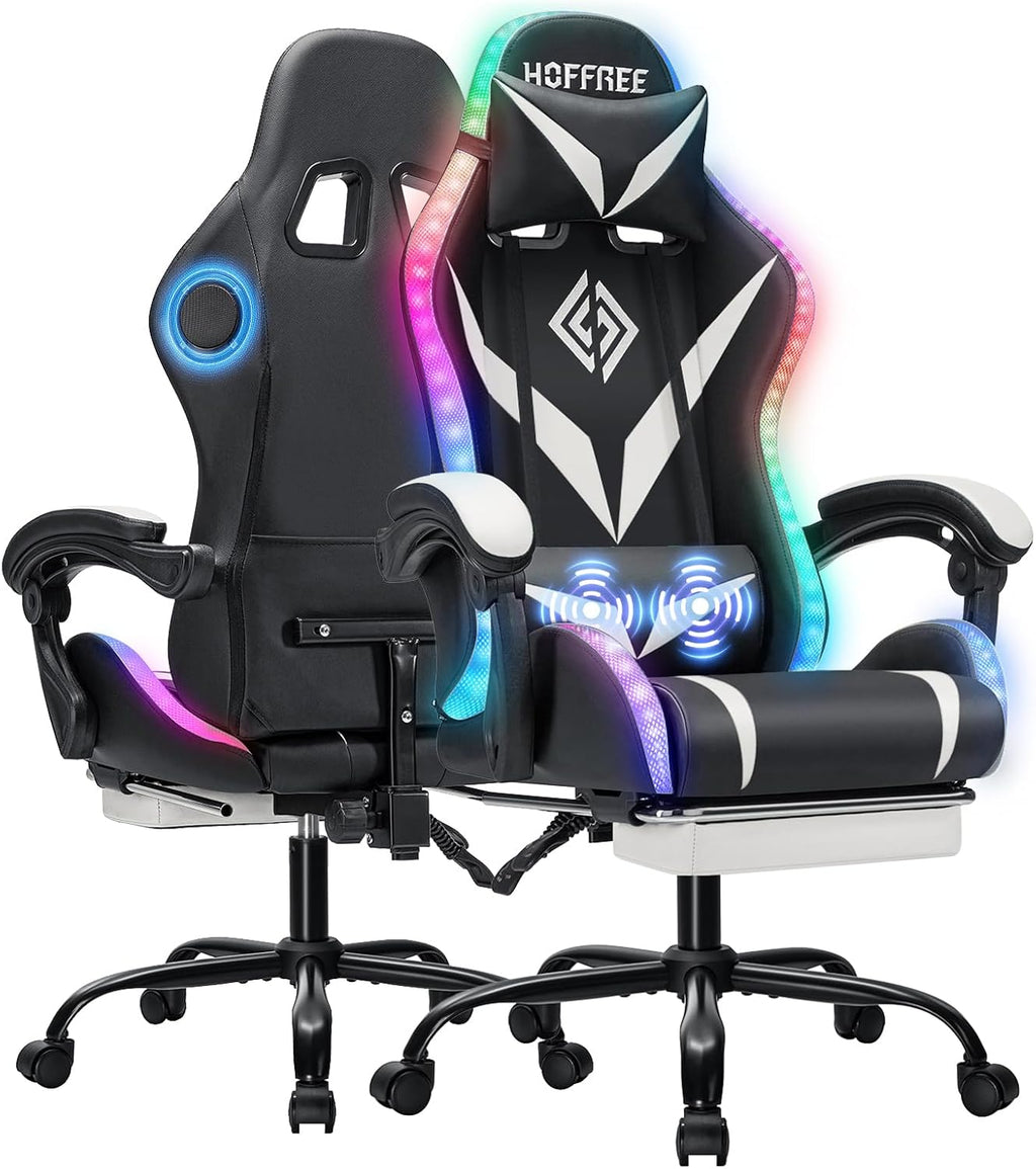 Gaming Chair with Bluetooth Speakers and RGB LED Lights Ergonomic Massage Computer Gaming Chair with Footrest Video Game Chair High Back with Lumbar Support White and Black