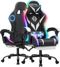 Gaming Chair with Bluetooth Speakers and RGB LED Lights Ergonomic Massage Computer Gaming Chair with Footrest Video Game Chair High Back with Lumbar Support White and Black