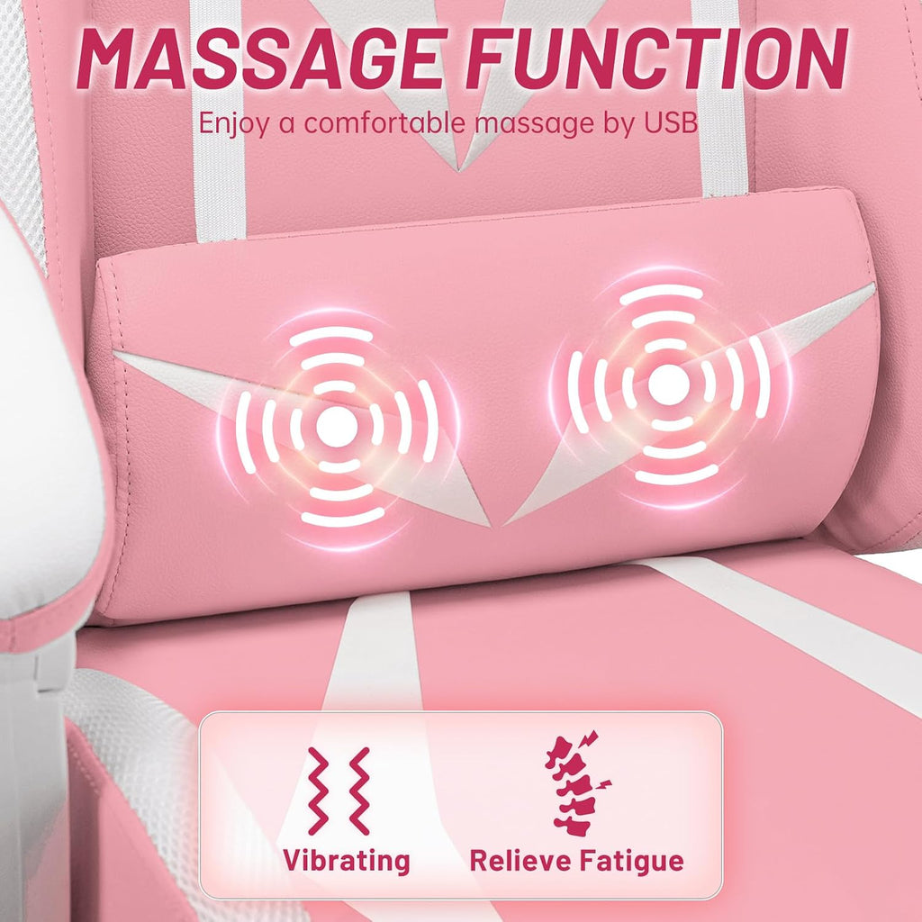 HOFFREE Pink Gaming Chair Massage with Bluetooth Speakers and Led Lights Ergonomic Computer Gaming Chair with Footrest RGB Video Game Chair with High Back Lumbar Support Pink and White