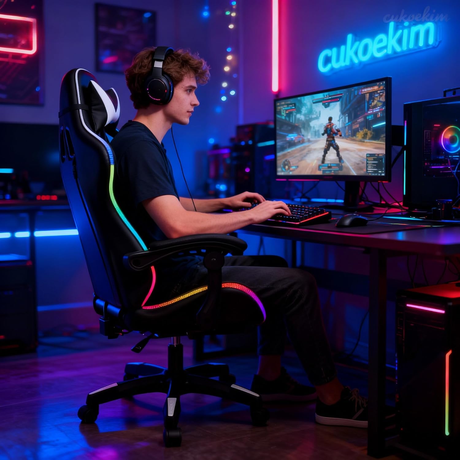 Gaming Chair with Bluetooth Speakers ＆ LED Lights, Ergonomic Massage Computer Chair Height Adjustable, Video Game Chair with 360° Swivel Seat and Headrest, 397LBS Load