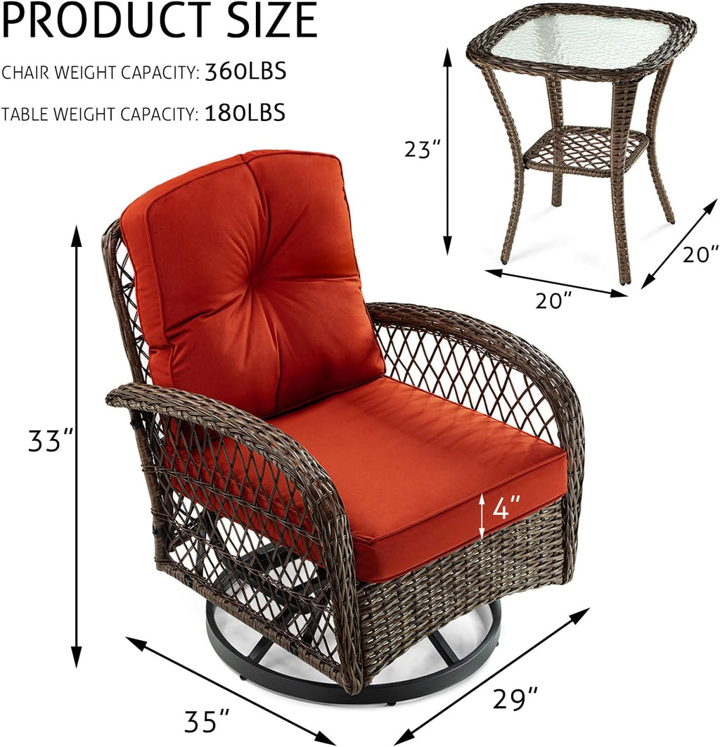 SHA CERLIN 3 Pieces Patio Furniture Set, Outdoor Swivel Glider Rocker, Wicker Patio Bistro Set with Rocking Chair, Cushions and Table (Red)