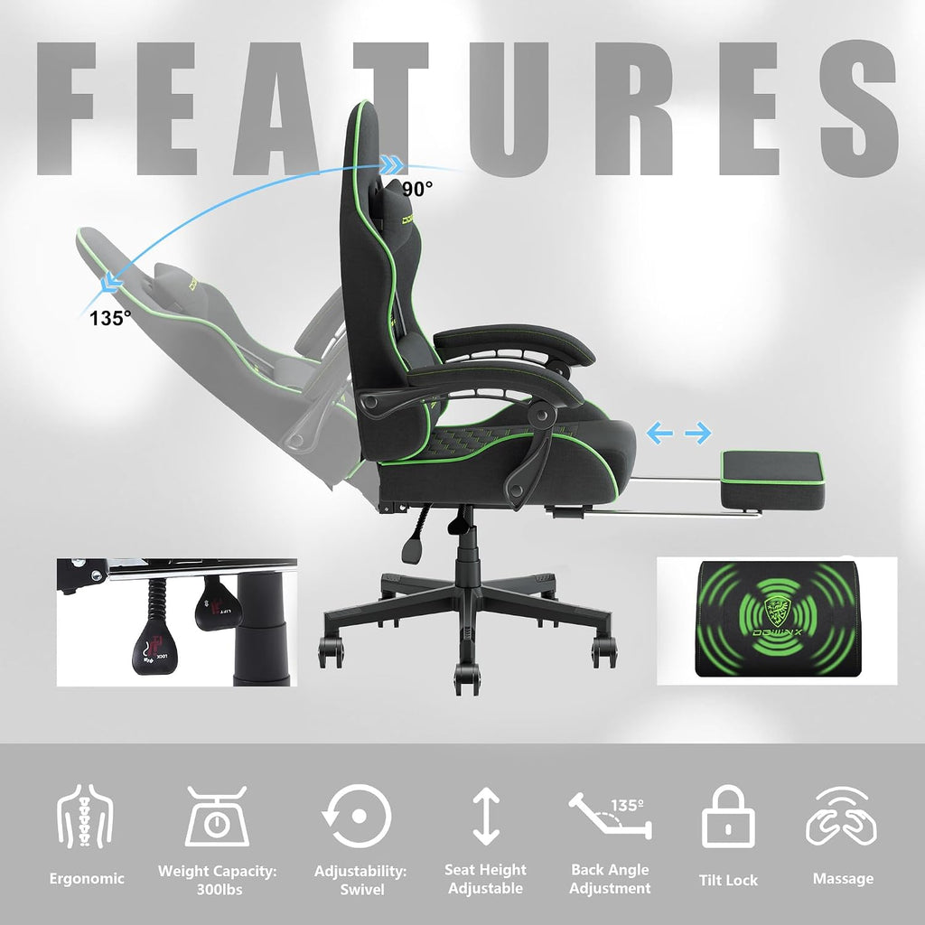 Dowinx Gaming Chair with Pocket Spring Cushion, Computer Office Game Chair, Linkage Armrests and Footrest, High Back Ergonomic Computer Chair with Lumbar Support Task Chair with Footrest(Green)