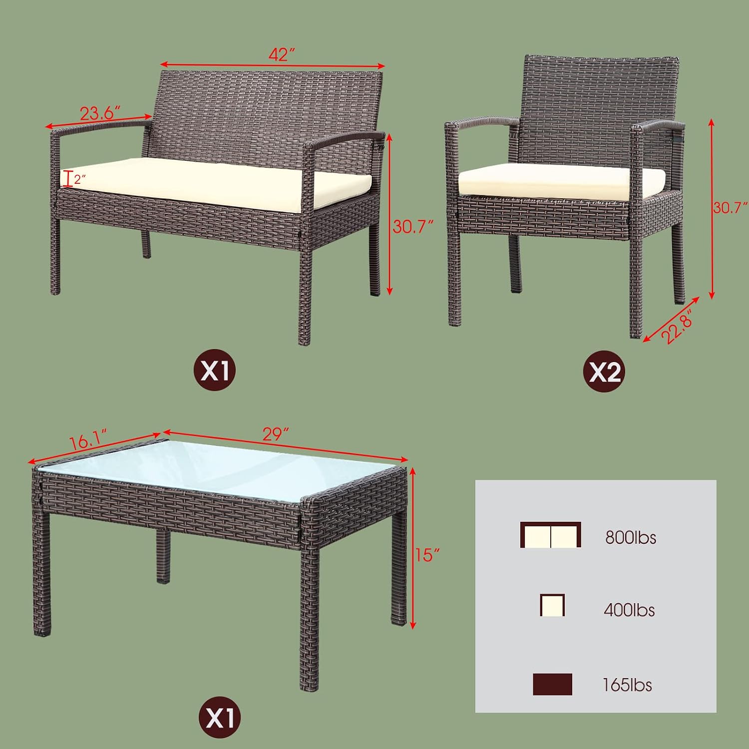 4 Piece Outdoor Patio Furniture Set, Rattan Patio Conversation Set with Table,Modern Wicker Chairs and Table Sets,Outdoor Furniture for Porch, Garden, Lawn,Beige