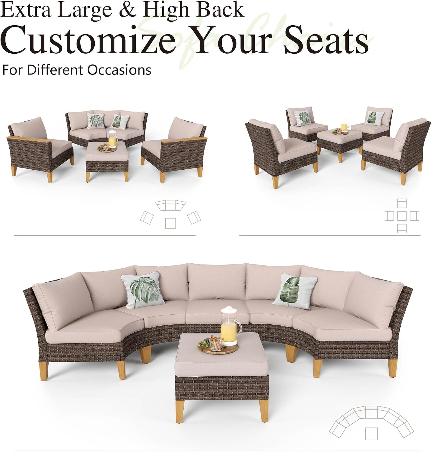 Sophia & William Patio Furniture Set with Swivel Chairs, 8 Piece Outdoor Wicker Sectional Furniture Modular Sofa Couch, Conversation Set for Deck Backyard Lawn, Beige
